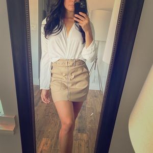 Faux leather belt mini skirt zip up nude